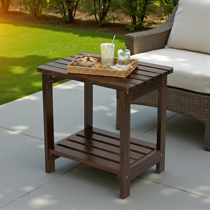 Shine Company Providence Rectangular Solid Wood Table, Outdoor Adirondack Small Patio Table – Burnt Brown