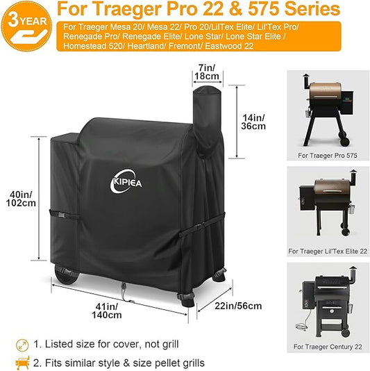 Kipiea Heavy Duty Grill Cover for Traeger Pro 22 & 575 Series, 600D Oxford Fabric Wood Pellet Smoker Covers Waterproof & Windproof, Pellet BBQ Grill Cover for Outside Anti-UV, No Tear, No Fading