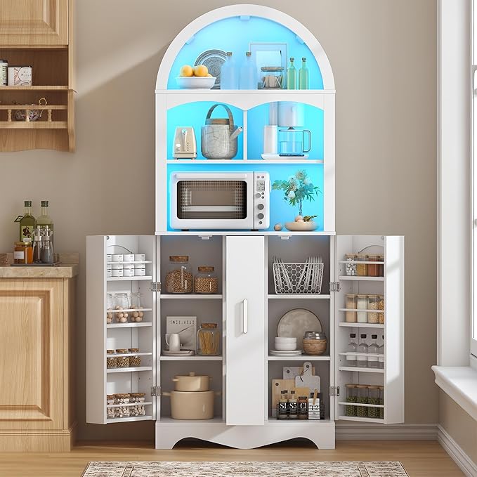 kepptory 75”Arched Pantry Cabinets with Microwave Shelf, Tall Kitchen Pantry Storage Cabinet with Drawer and Adjustable Shelves, Cupboards with LED Light for Kitchen, Living Room, Dining Room Use