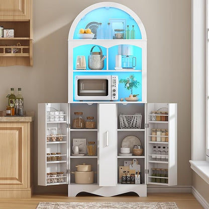 kepptory 75”Arched Pantry Cabinets with Microwave Shelf, Tall Kitchen Pantry Storage Cabinet with Drawer and Adjustable Shelves, Cupboards with LED Light for Kitchen, Living Room, Dining Room Use