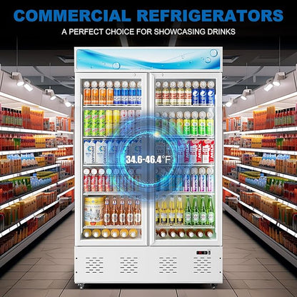 47.8'' W Commercial Beverage Refrigerators, 40 Cu.ft Glass Door Refrigerator Commercial Cooler with LED Light and 10 Shelves, Display Refrigerator for Restaurant Store Cafe Bar, White
