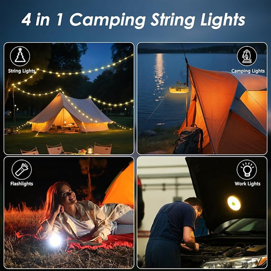 2Pack Camping String Lights, 4-in-1 Quick Storage Camp Light, 8Mode 32.8FT Hanging Tent Lights, Rechargeable Camp Lamp As Camping Essentials Gear, Waterproof LED Lantern for Hiking Travel Patio Party