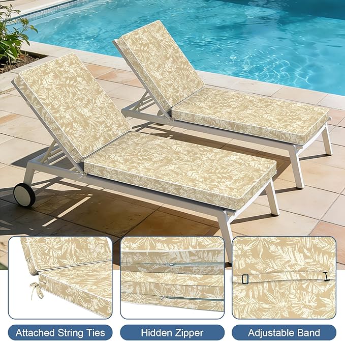 LVTXIII Outdoor Chaise Lounge Cushion 72x21x3 Inch, Water-Repellent Patio Seat Cushion with Ties & Hidden Zipper, Thick Foam Pad for Lawn Chair, Poolside, Patio Furniture, Tropical Leaf Oat
