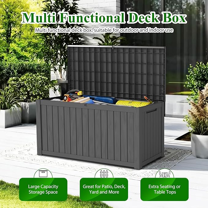 FEFLO 180 Gallon Waterproof Resin Outdoor Storage Box, Lockable & UV Resistant Patio Deck Boxes, Outside Storage for Patio Cushions, Pool Toys, Garden Tools & Package Delivery, Black
