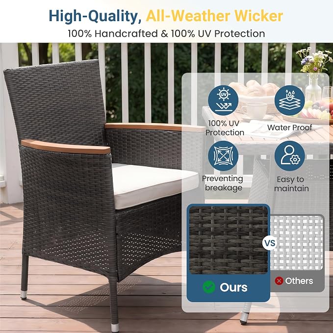Wisteria Lane 10-Pieces Outdoor Patio Table and Chairs, Rattan Patio Table Set with Acacia Wood Tabletop, Patio Dining Furniture Set for 8 with Removable Cushions for Deck Garden Backyard, Grey