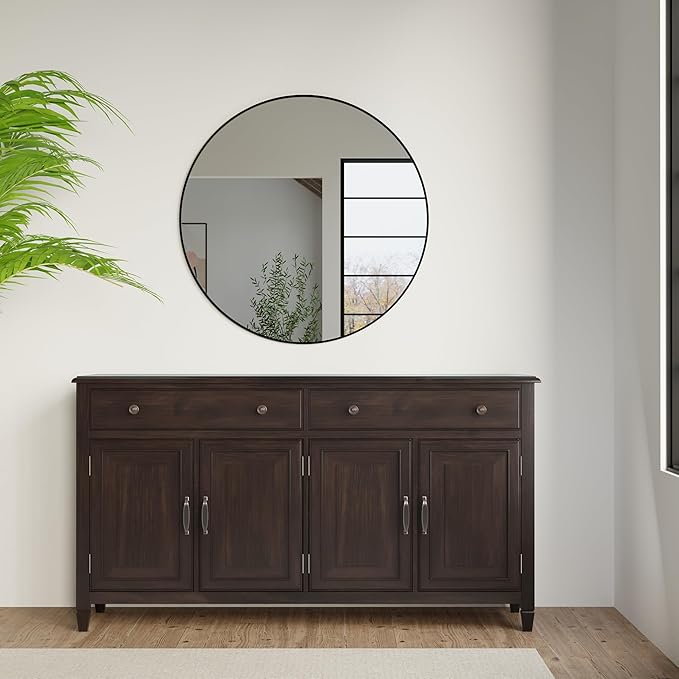 SIMPLIHOME Connaught 67" Sideboard Cabinet in Dark Chestnut Brown | Traditional 4-door dining room buffet with 2 drawers and adjustable shelves for organized kitchen or living room storage.