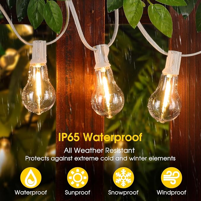 Larkvue 100FT Outdoor String Lights, LED Patio Lights with 32 Waterproof Shatterproof Dimmable A39 Hanging Bulbs(2 Spare) for Garden Wedding-White