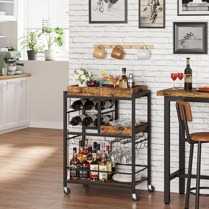 TUTOTAK Bar Cart with Wheels, Drink Cart with Wine Rack and Glass Holder | 3-Tier 24.8 Inch Wide Home Bar Serving Carts, Small Mobile Kitchen Shelf with 6 Hooks, Rustic Brown BC01BB037