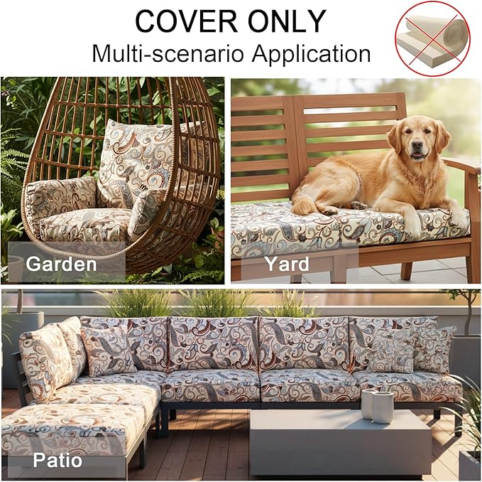 NettyPro Outdoor Patio Chair Seat Cushion Covers Replacement, Water Resistant UV Protection Cushion Slip Covers with Zipper and Tie, 25 x 25 x 5 Inch, Vintage