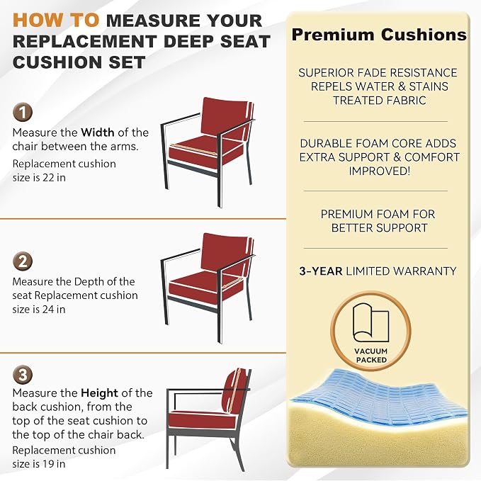 Deep Seat Patio Cushions Set 24 x 22 Inch,Olefin Fabric Outdoor Seat Cushion,Patio Furniture Cushions with Removable Cover,Rain-Proof and Fade Resistant Deep Seat Bottom & Back Cushion,1set