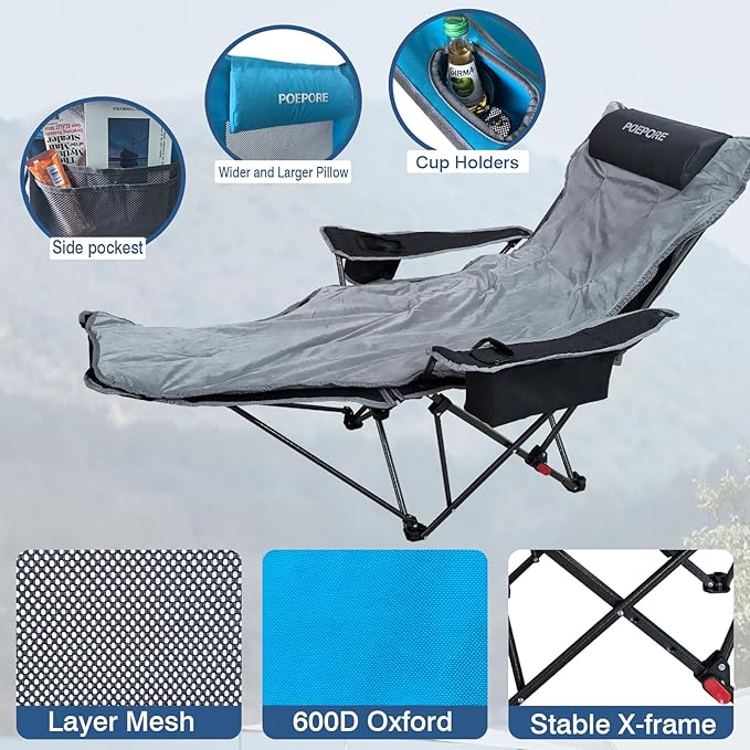 Reclining Camping Chair 4 Position with Foot Rest Comfortable for Adults 265Ibs Folding Lounger Mesh Beach Chair with Cooler Bag,Cotton Cushion and Cup Holder for Outdoor Patio