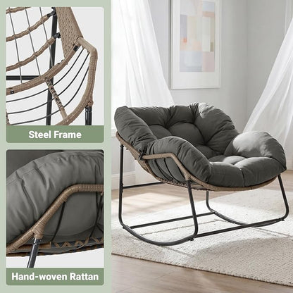 Bifanuo Oversized Egg Rocking Chair for Indoor/Outdoor – All-Weather Wicker Rattan Lounge Chair with Cushion, Patio Rocker for Porch, Garden, or Balcony (Classic Grey)