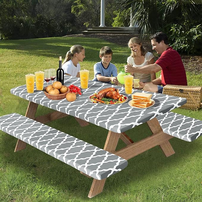 OutdoorLines Vinyl Fitted Picnic Table Cover with Bench Covers | Elastic Waterproof Camping Tablecloth for Picnic Table (Moroccon Gray 72x30 Inch, 3 Pcs)