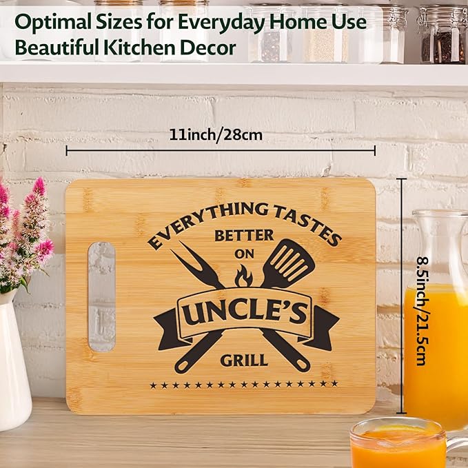 Gifts for Uncle, Unique Bamboo Cutting Board - Best Father's Day, Birthday, and Christmas Gifts from Niece or Nephew - Everything Tastes Better on Uncle's Grill