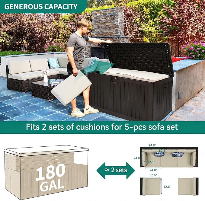 YITAHOME 180 Gallon Large Deck Box with Side Handles, Outdoor Double-Wall Storage for Patio Furniture Cushions, Garden Pool Accessories, Waterproof & Lockable