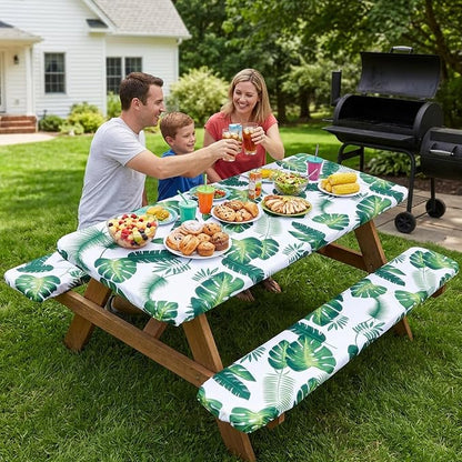 SquarePie Picnic Table Cover with Bench Covers - Waterproof Fitted Elastic Tablecloth for 6 FT Tables - Washable Polyester Camping Table Cloth for Outdoor Patio RV BBQ (Palm Leaf, 30"x72")
