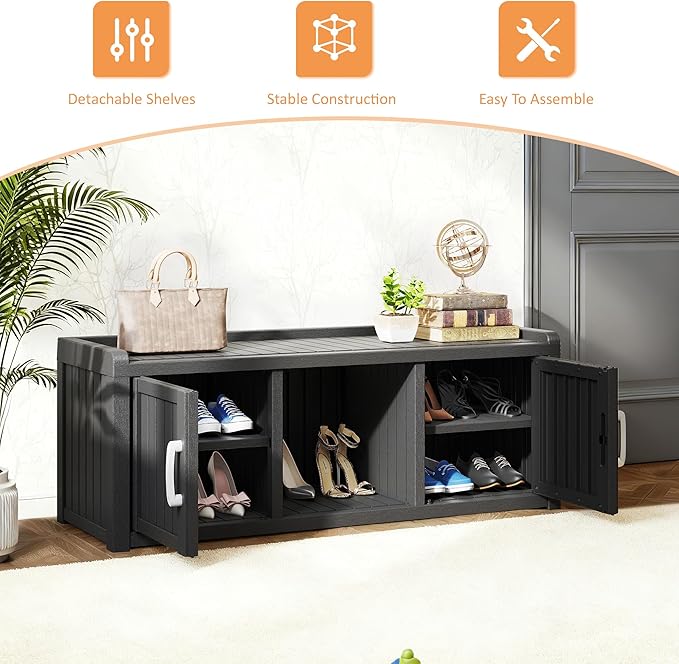 2-Tier Storage Bench, Waterproof UV-Resistant Outdoor Shoe Storage Cabinet with 2 Doors & Adjustable Shelves for Indoor Outdoor Entryway, Hallway, Living Room(Classic Black)