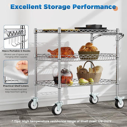 Leteuke 3 Tier Rolling Carts with Wheels, Heavy Duty Rolling Utility Cart | NSF Commercial Grade Metal Cart with Handle&Shelf Liner,Trolley Serving Cart for Kitchen,Restaurant,Plant Display,Chrome