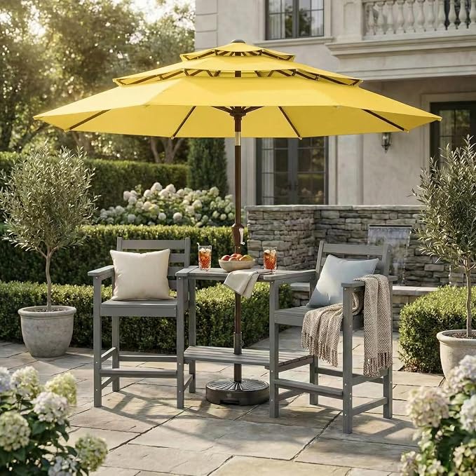 Kingdura 9ft 3-Tier Patio Umbrella, Outdoor Table Umbrella with Easy Crank & Tilt, 8 Reinforced Ribs, UV Protection for Deck, Pool, Market, Backyard (Yellow)