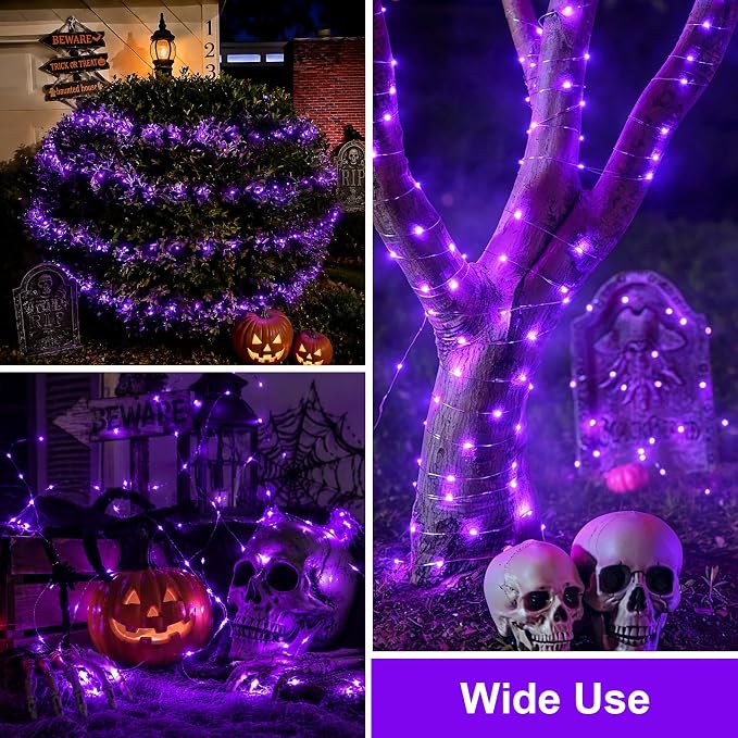 QITONG Solar Fairy Lights Outdoor Waterproof, 2 Pack Each 66ft 200 LED Purple Halloween String Lights, Silver Wire Christmas Twinkle Mini Lights with 8 Modes