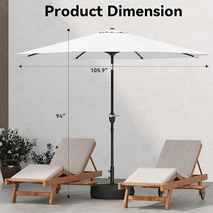 Greesum Outdoor Patio Umbrella with Base, Table Umbrella with 8 Sturdy Ribs, Push Button Tilt and Crank, Market Table Parasol for Garden, Lawn, Backyard & Pool, White