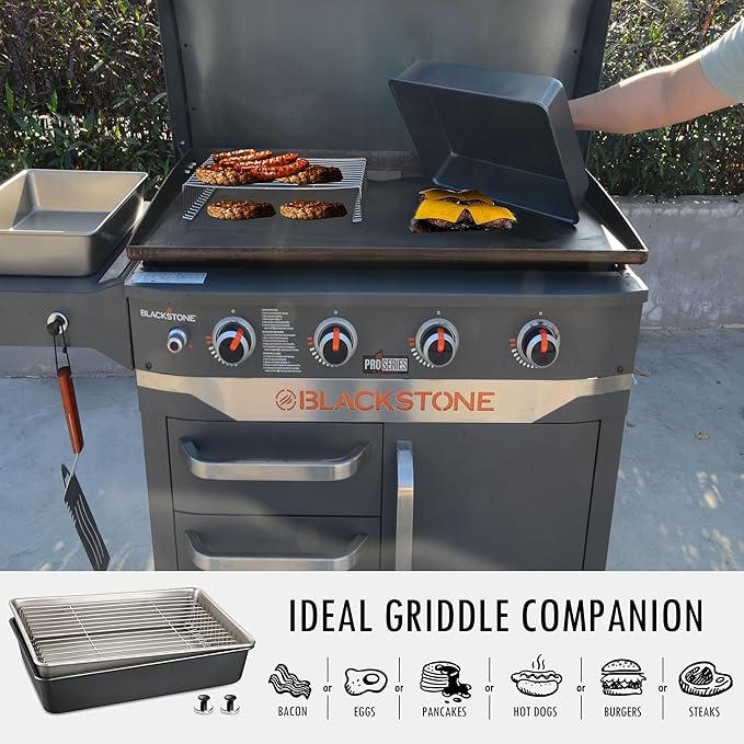 15.5" x 11" Rectangular Melting Dome/Basting Cover/Grill Prep Tray with Nonstick Coating Set of 2, Griddle Warming Rack, Flat Top Grill Accessories Kit for Indoor & Outdoor Cooking, Dishwasher Safe