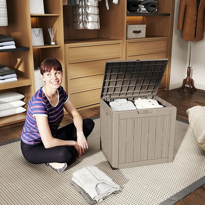 Pepe Tee Waterproof Resin Deck Box, Outdoor Storage Bin with Slatted Texture, All-Weather Patio Side Table & Garden Organizer, Coffee