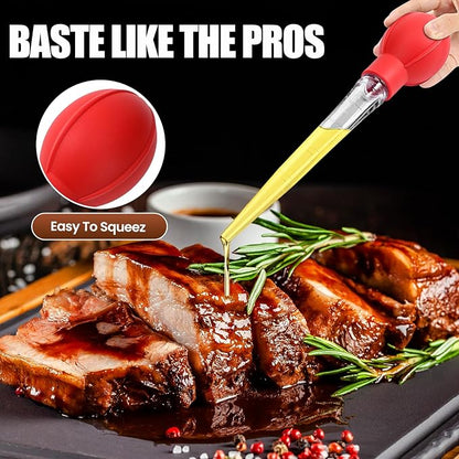 OLESBUR Premium Turkey Basters for Cooking – Baster Syringe for Hot Liquids – Meat and Food Injector – Essential Thanksgiving Cooking Tool – Turkey Baster Large with Cleaning Brush (Red)