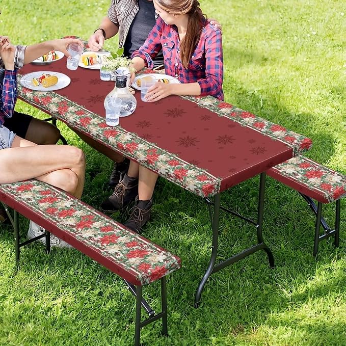 Christmas Red Flowers Outdoor Picnic Table Cover Decorations 3 PCS Set Fitted for Camping