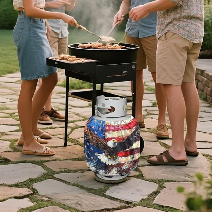 Dual Propane Tank Cover American Flag Eagle Dual Propane Tank Cover Patriotic 20 LB Gas Wrap Decoration for Camping and Grilling 4th of July Decoration