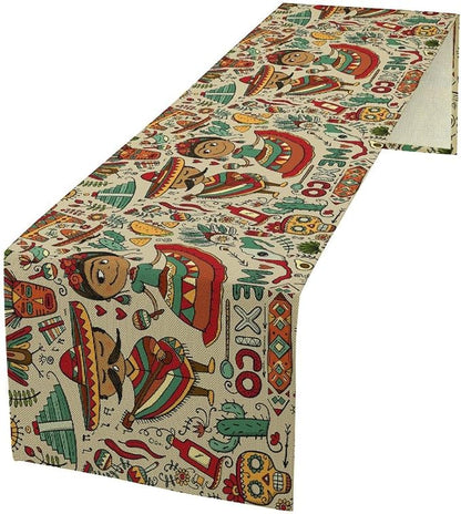 Traditional Mexican Style Table Runner, Exotic Skull Cactus Tribe Dance Music Theme Pattern for Kitchen CoffeeTea Table Dinner Room 13x108 Inch