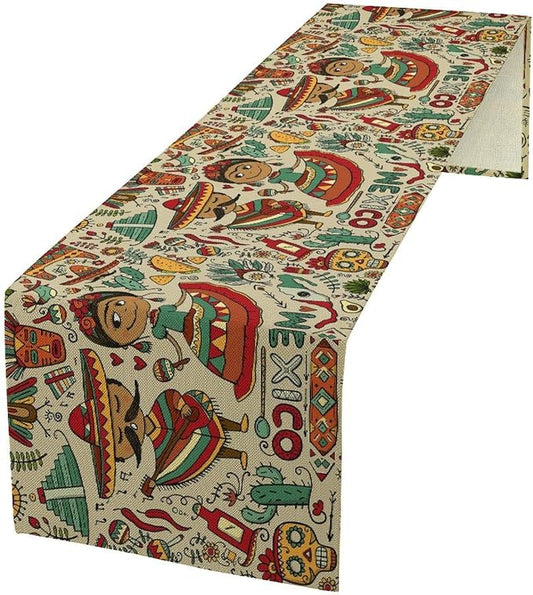 Traditional Mexican Style Table Runner, Exotic Skull Cactus Tribe Dance Music Theme Pattern for Kitchen CoffeeTea Table Dinner Room 13x70 Inch