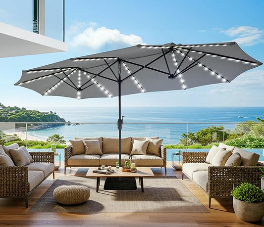 SUPERJARE 13ft Outdoor Patio Umbrella with Solar Lights, Double-sided Deck Pool Umbrella with 1.5 Inch Pole, Fade Resistant Canopy, 12 Sturdy Ribs, for Porch, Market, Backyard, Grey (No Base)