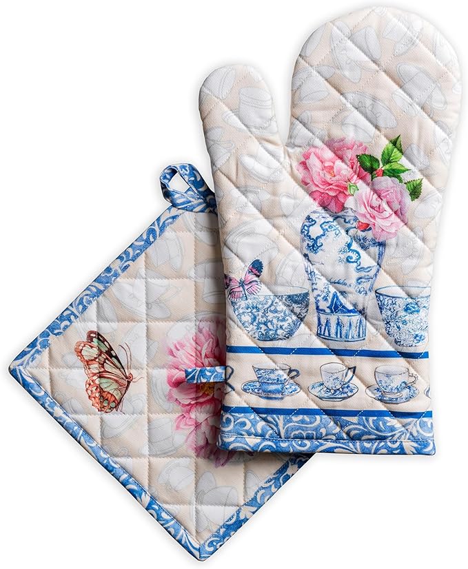 Maison d' Hermine 100% Cotton Oven Mitt & Pot Holder Set (7.5"x13" & 8"x8") Heat Resistant BBQ Cooking Gloves with Loop Baking Grilling Kitchen Hotel Home Farmhouse Spring Summer (Canton)