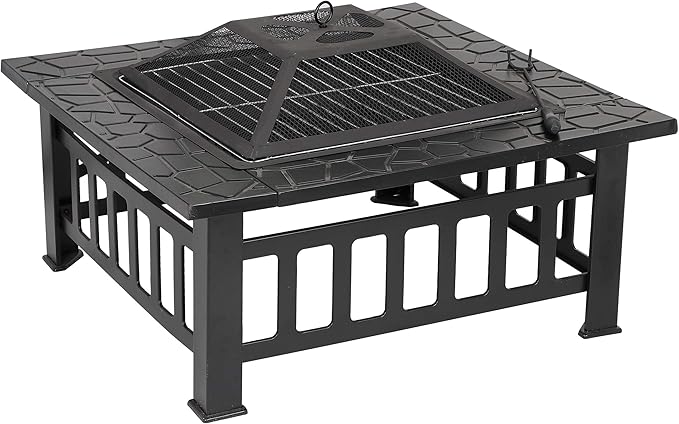 HomGarden 32" Fire Pit Outdoor Patio Square Metal Heater Deck Firepit Backyard Garden Home Stove Burning Fireplace w/Spark Screen,Poker,Cover,Grill