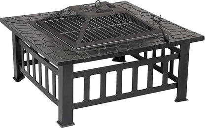 HomGarden 32" Fire Pit Outdoor Patio Square Metal Heater Deck Firepit Backyard Garden Home Stove Burning Fireplace w/Spark Screen,Poker,Cover,Grill