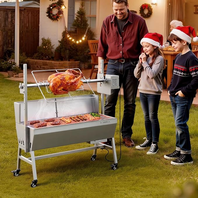 VEVOR Rotisserie Grill, 38W Stainless Steel BBQ Outdoor Pig & Lamb Spit Roaster, 132 LBS Load Capacity Charcoal Spit Roaster with 7-Level Height, Electric Rotisserie Grill Kit for Camping Outdoor