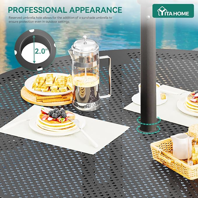 YITAHOME 38 in Metal Picnic Table, Powder Coated Outdoor Picnic Table with Heavy-Duty Steel Frame, Adjustable Seats & Umbrella Hole for Yard, Patio, Lawn, Party, Black, Round