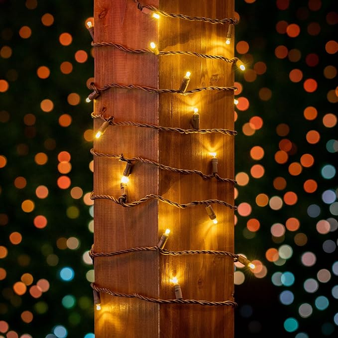 Novelty Lights 50ft Warm White Christmas String Lights, Brown Wire | UL Listed IP55 Commercial Grade Xmas Lights for Outdoor & Indoor, 100 LED, 6" Spacing, Dimmable, Connectable, Flicker Free