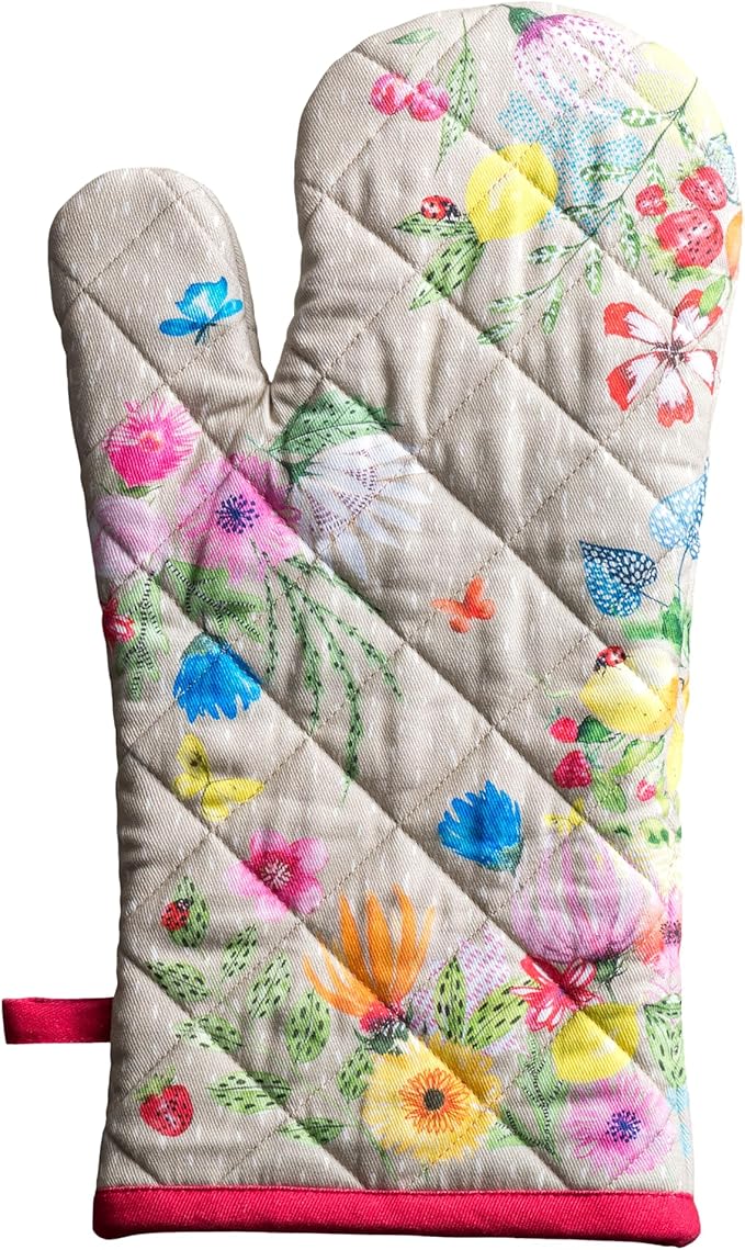 Maison d'Hermine Oven Gloves 100% Cotton Oven Mitt 7" x 13" with Loop Heat Resistant BBQ Cooking Gloves Baking Grilling Kitchen Hotel Home Farmhouse Spring Summer (Pack of 1, Jardin D'Ete - Fog)