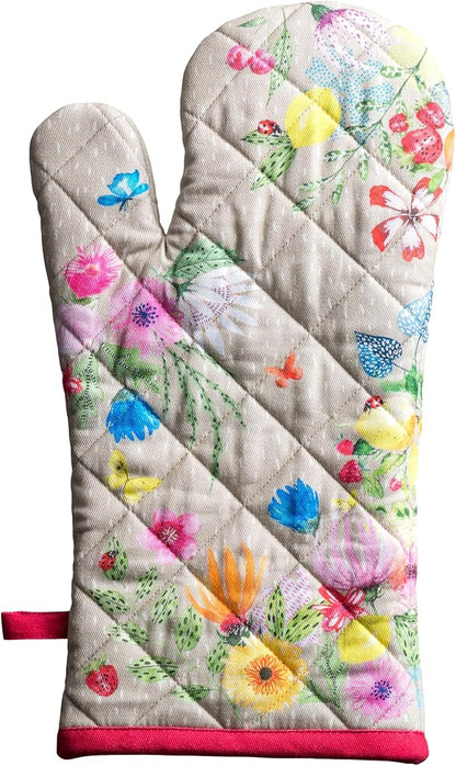 Maison d'Hermine Oven Gloves 100% Cotton Oven Mitt 7" x 13" with Loop Heat Resistant BBQ Cooking Gloves Baking Grilling Kitchen Hotel Home Farmhouse Spring Summer (Pack of 1, Jardin D'Ete - Fog)