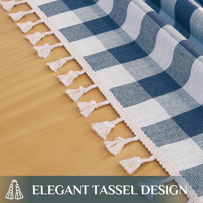 Softalker Checkered Tablecloth Rectangle, Outdoor Linen Cotton Gingham Table Cloth with Tassel, Heavy Duty Wrinkle Free Buffalo Plaid Table Cover for Kitchen Dining Summer Party - 55 x 120 Inch, Navy