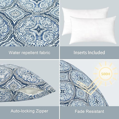 LVTLVTXIII 12×20 Inch Outdoor Lumbar Pillows, Pack of 2 Water Repellent Lumbar Pillow with Inserts, Fluffy Decorative Garden Lumbar Cushions for Home Patio Coach Sofa Use, Medallion Blue