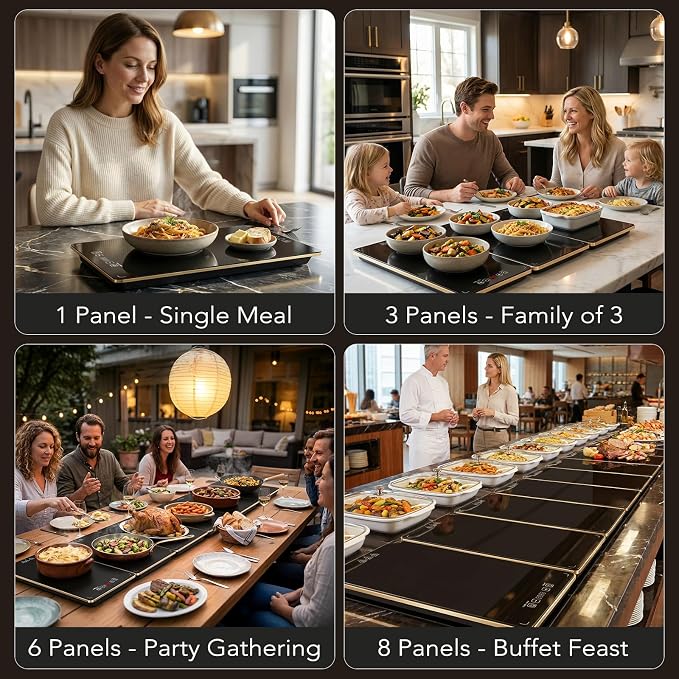 Electric Warming Tray for Buffet Party - 8 Panels Electric Glass Top Heating Plate, 8 Level Temp Control Easy Clean Surface Overheat Protection and Timer: for Busy Hosts Party Dinners and Holiday Meal