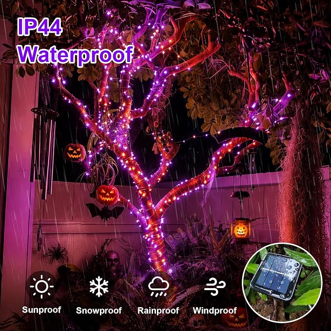 QITONG Solar Halloween Lights Outdoor Waterproof, 2 Pack Each 66ft 200 LED Orange and Purple Fairy Lights with 8 Modes, Silver Wire Christmas Mini String Lights