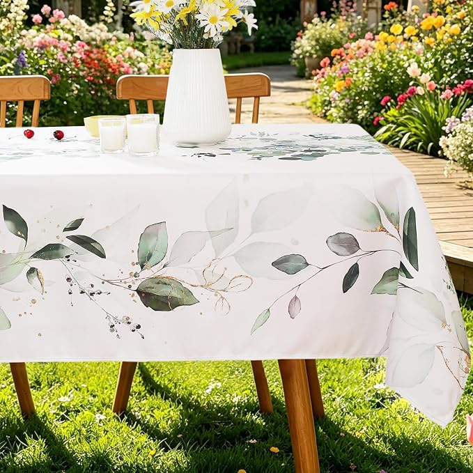 SASTYBALE Eucalyptus Floral Tablecloth 60x120 Inch Rectangular | Washable, Spillproof, Wrinkle-Free Fabric Table Cloth for Spring Summer Indoor Outdoor Kitchen, Dining, Garden Decor