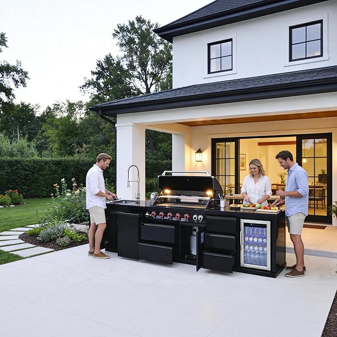 114" All-in-One Outdoor Kitchen Island,6 Burner Modular Kitchen with Grill Station Cabinetry,304 Stainless Black Granite, Sink, Fridge, BBQ Set for Patios & Backyards (Black, 114 IN)