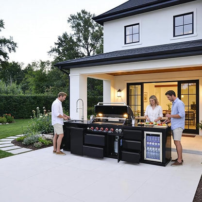 114" All-in-One Outdoor Kitchen Island,6 Burner Modular Kitchen with Grill Station Cabinetry,304 Stainless Black Granite, Sink, Fridge, BBQ Set for Patios & Backyards (Black, 114 IN)