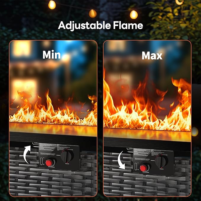 43” Outdoor Propane Fire Pit Table, 50,000 BTU Square Rattan Gas Fire Pit with Lid & Blue Crystal Stones, Steel Tabletop, Adjustable Flame, 4-in-1 FirePit Table for Patio, Backyard, Outdoor Gatherings