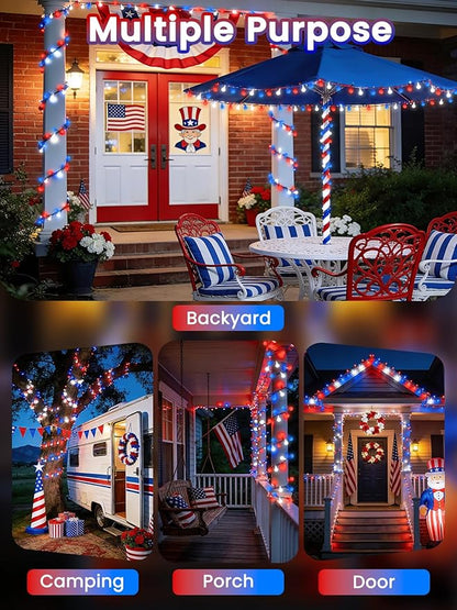 2-Pack 80 LED Red White and Blue Solar String Lights Outdoor - Waterproof 39FT Globe LED Solar Patriotic American Flag Lights with 8 Modes, 4th of July Decorations for Independence Day Memorial Day